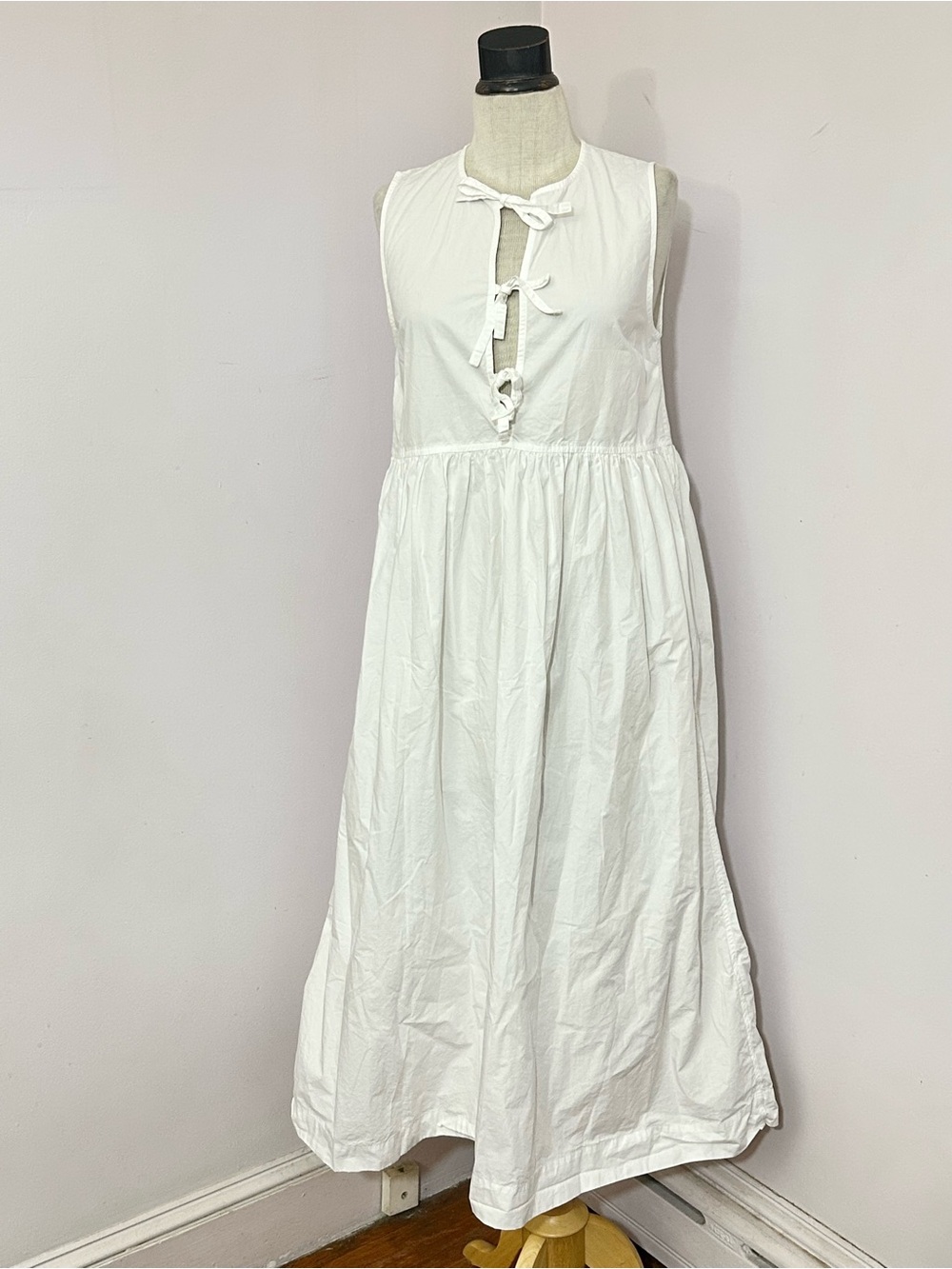 GANNI Women’s White Cotton Poplin Tie Front Midi Dress 34 / 2 / XS